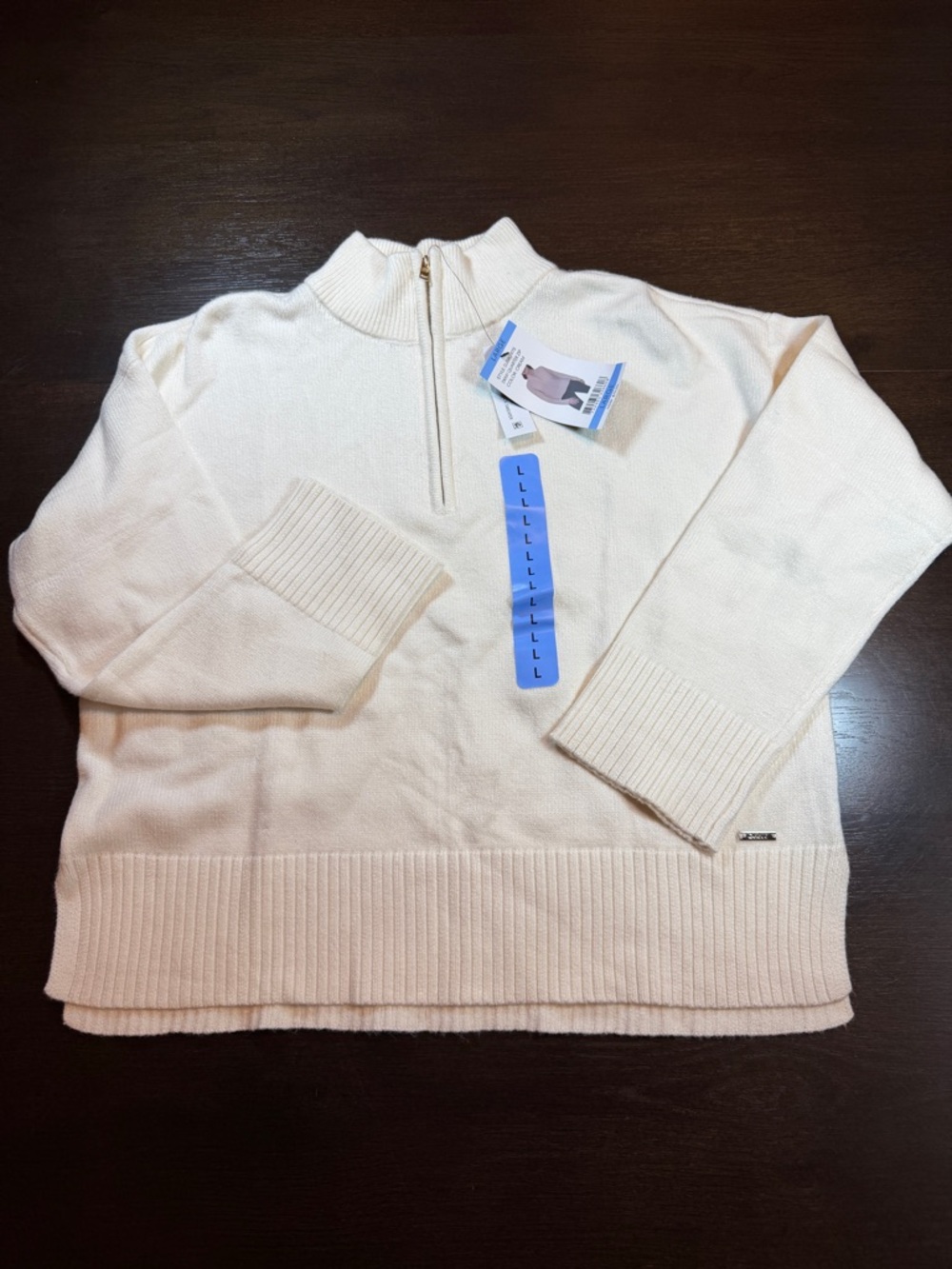 NWT DKNY Cream Quarter Zip Knit Pullover Gold Trim L Quiet Luxury